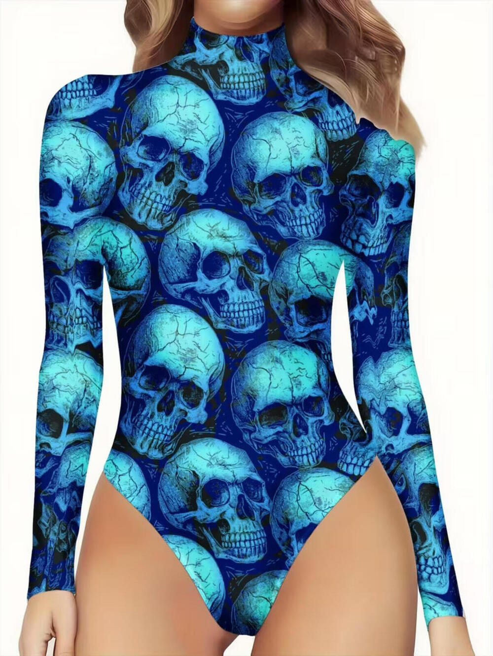 NEW SKULL PRINT BODYSUIT PLUS XL BLOUSE SHIRT TURTLE NECK GOTH PUNK TOP